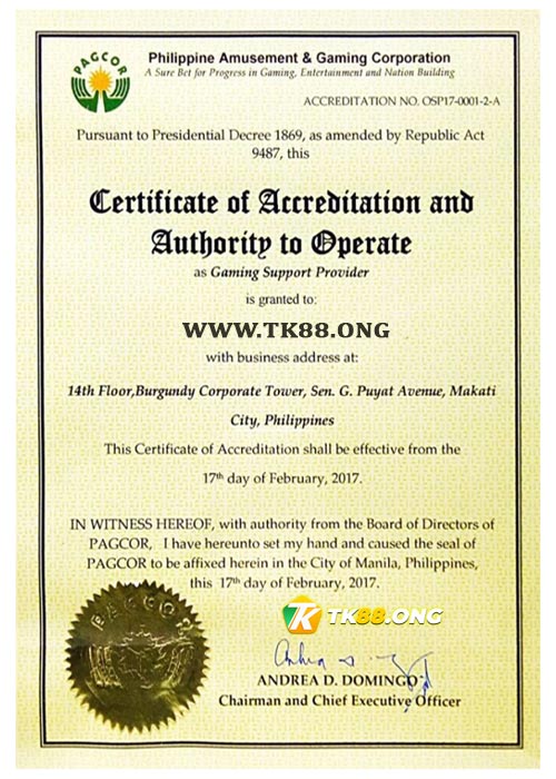 Giấy chứng nhận hợp pháp PAGCOR cá cược trực tuyến TK88 ong